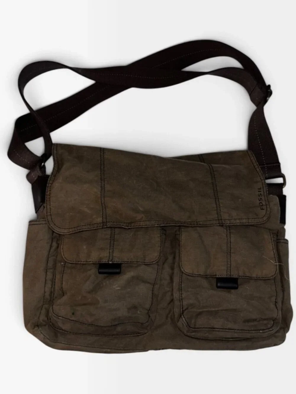 FOSSIL Out of Frica deep rich khaki cross body/shoulder leather trim cotton bag